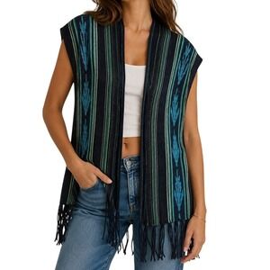 Chaps Navy And Blue Southwestern Striped Fringe Knit Cover Up Top Women's Large